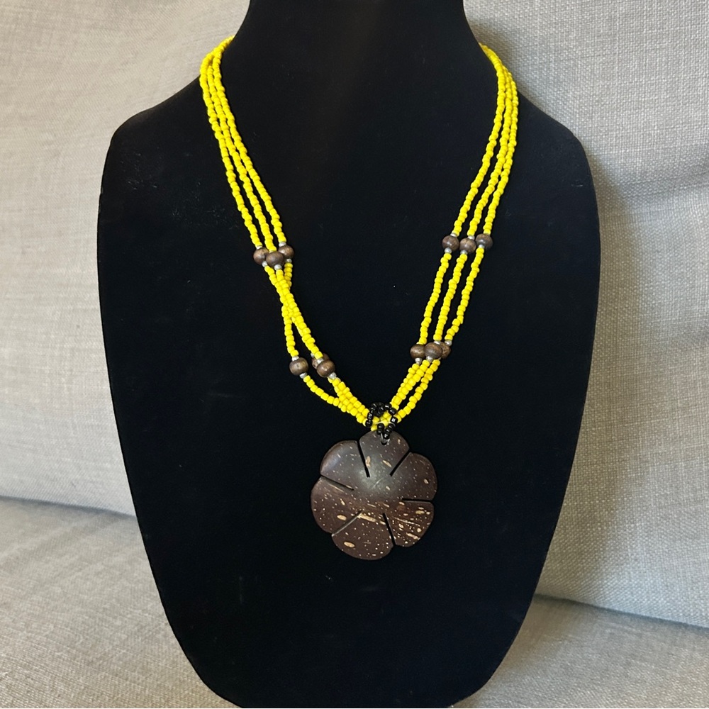 Yellow Boho Beaded Necklace with Brown Coconut Shell Pendant